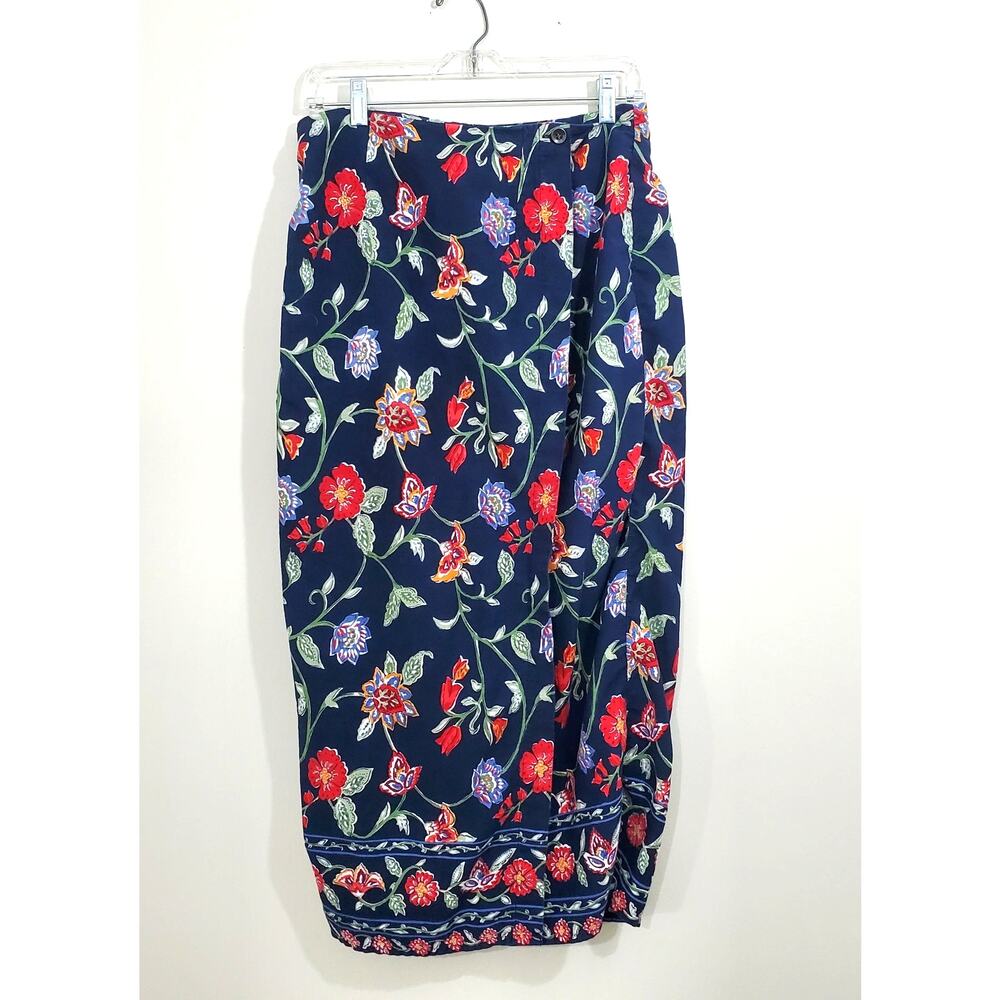 Vtg Floral Navy Skirt Cotton Wrap Around Sun River Clothing Co Women's Large